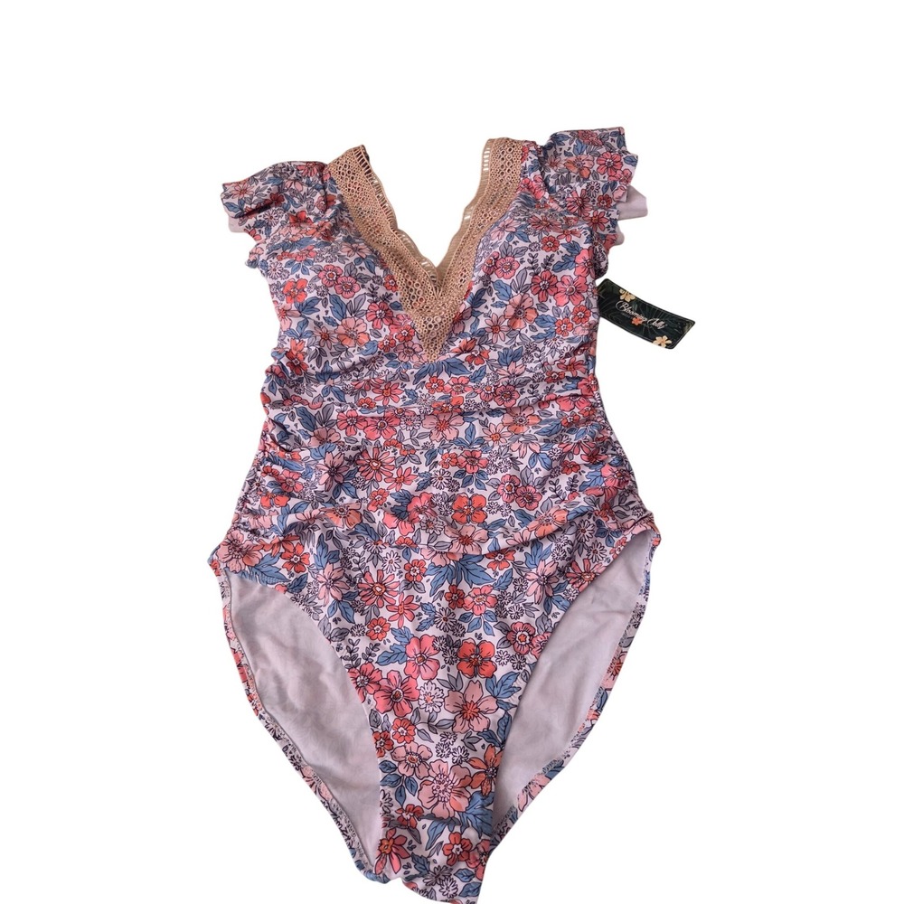 Blooming Jelly Floral One Piece Swimsuit Pink Blue Crochet Lace V-Neck Ruffle L